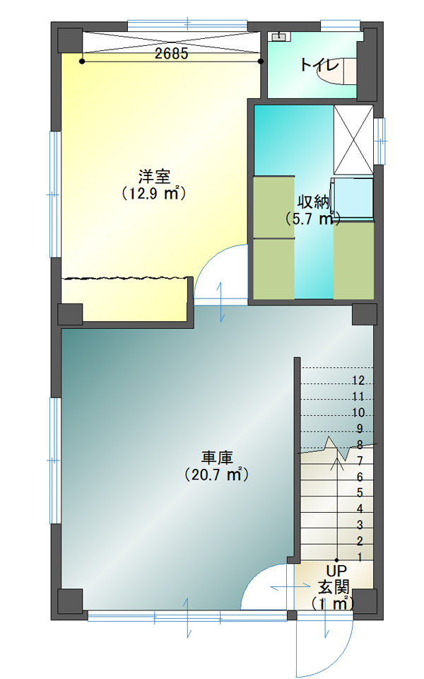 13坪の狭小住宅の間取りプラン・長方形の敷地に立つ3階建て:台東区