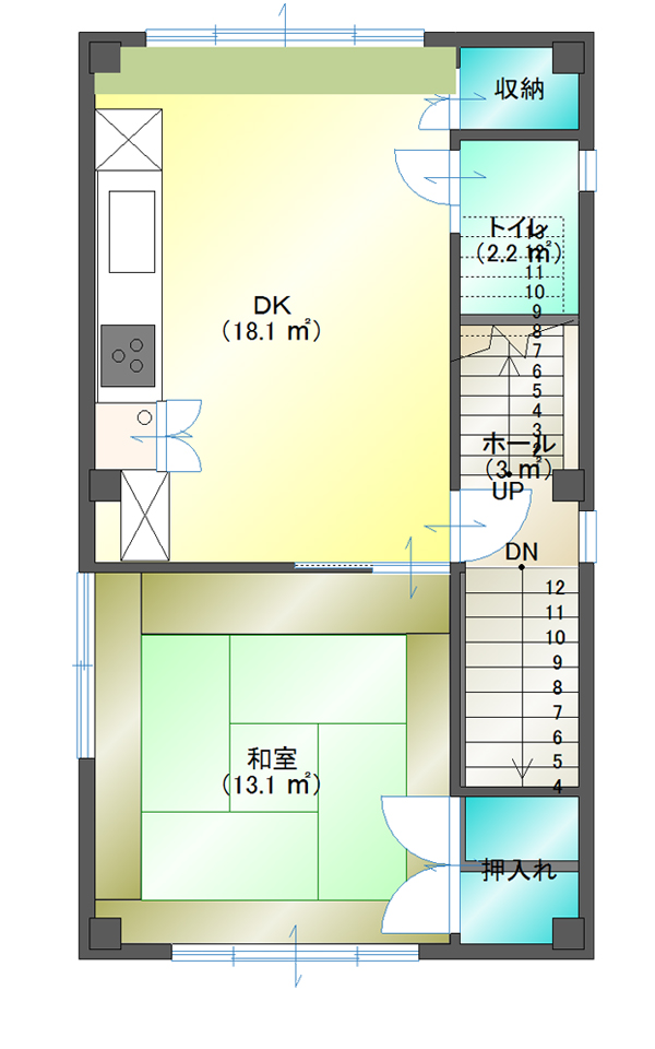 13坪の狭小住宅の間取りプラン・長方形の敷地に立つ3階建て:台東区